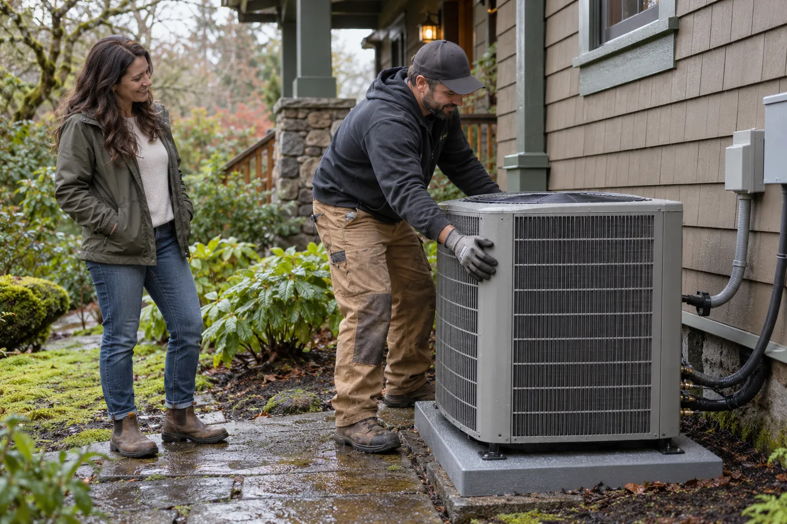 A local provider installing a new outdoor AC unit beside a wood-frame home in Everett